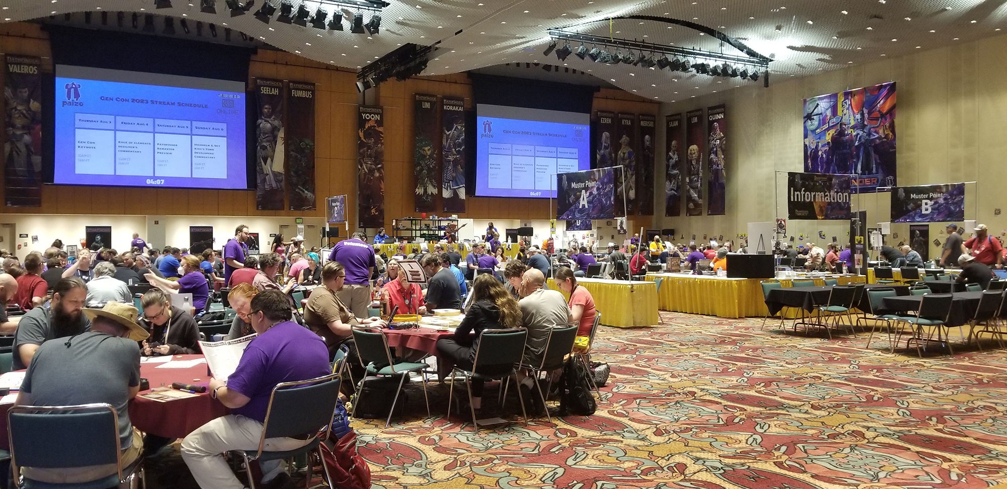 The Sagamore Ballroom at Gen Con 2023 full of people playing Pathfinder and Starfinder