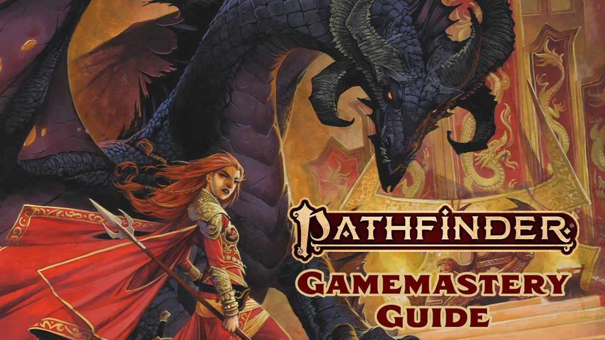 Pathfinder Second Edition Game Mastery Guide Pocket Edition. A redheaded woman in armor stands on a set of steps in front of a black dragon