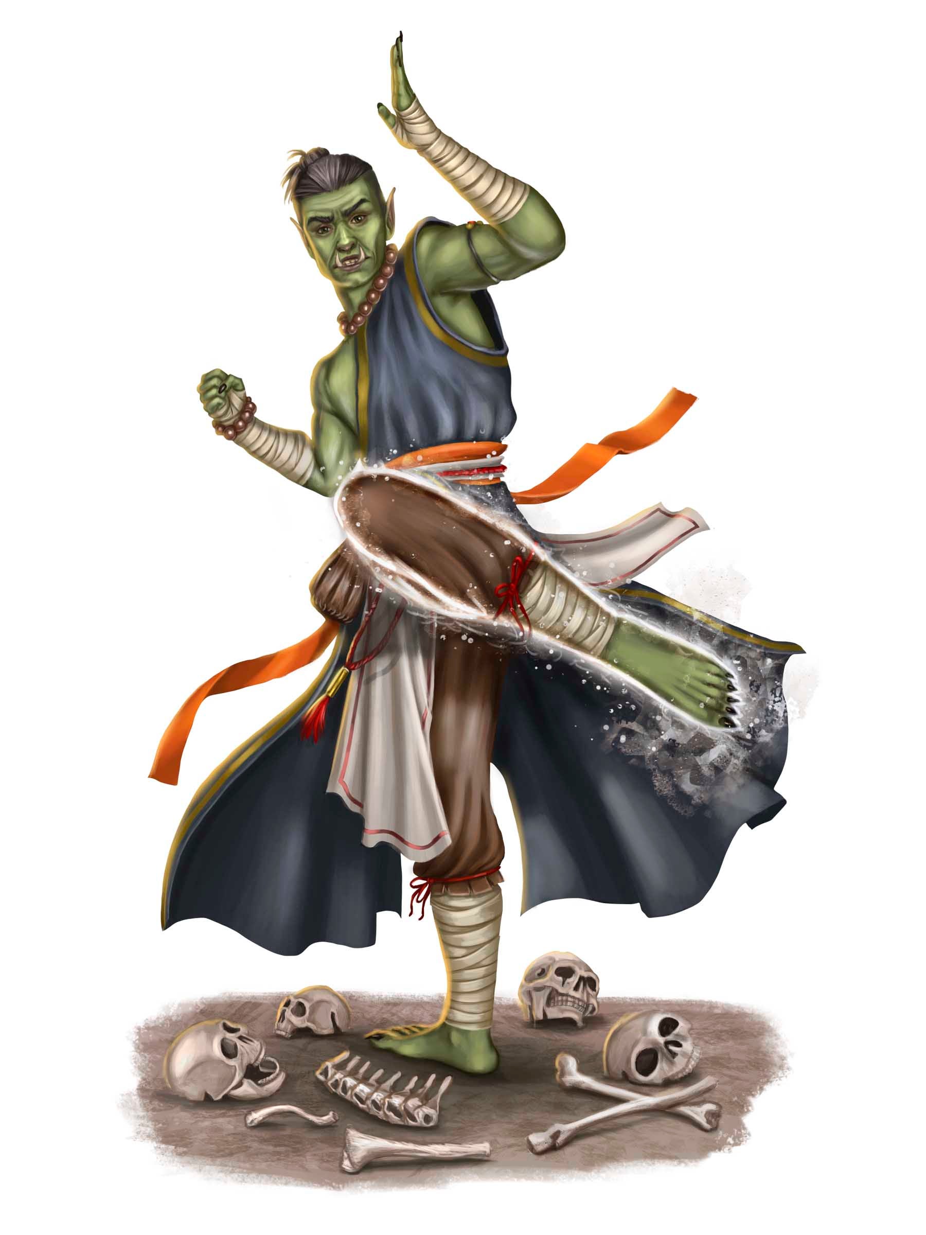 A male half-orc is dressed in silken robes and has his leg and arm raised in a martial arts pose, the glow of a mystical force surrounding his rag-wrapped foot.]