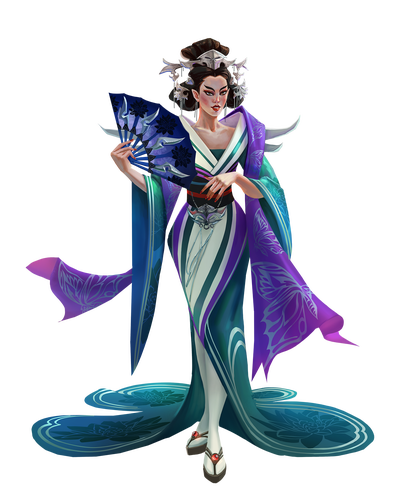 Empress Nai Yan Fei of Goka dressed in cool blue and purple robes hoding a sharp fan (art by Vira Linevych)