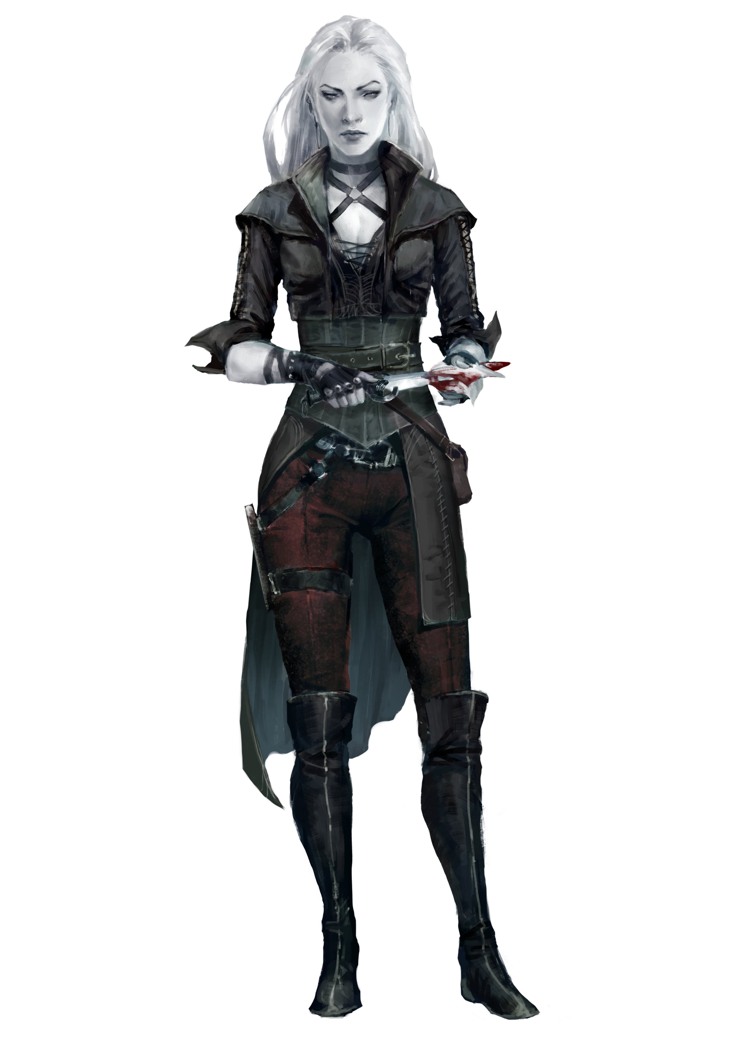 A kayal fetchling. This woman has pale, gray skin and bright, white hair. She is wearing a leather thief’s outfit and is cleaning a bloodied dagger in her hands