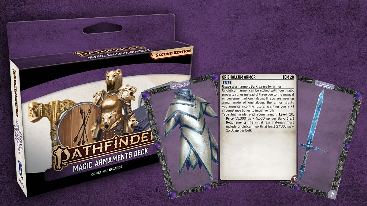 Pathfinder Magic Armaments Deck box mockup and card examples over a purple textured background