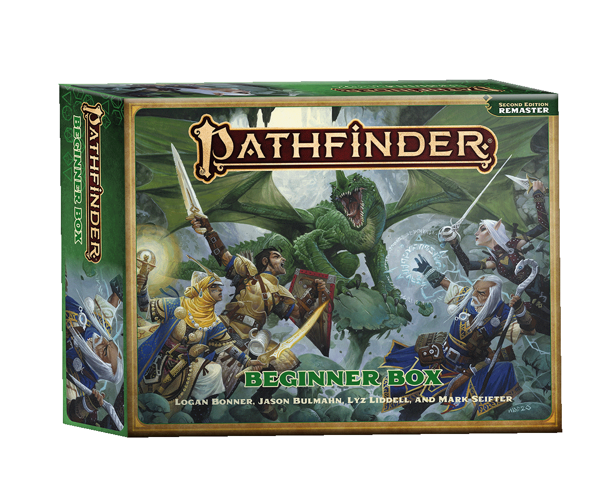 Pathfinder Beginner Box (Remastered Edition): The Box cover art is the Pathfinder Iconics battle a green dragon flying low above their heads.