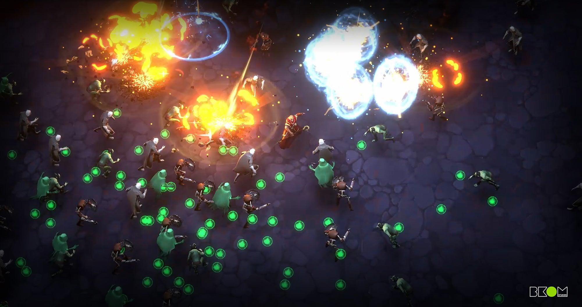 A screenshot of BKOM's Gallowspire Survivors showing player characters in battle with hordes of enemies.