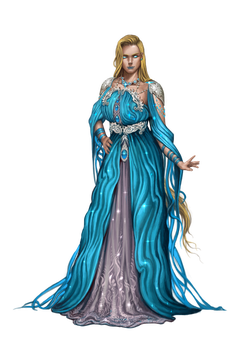 Yelayne, Art by Firat Solhan: A woman wearing an elegant, icy blue dress. She has glowing blue eyes and is glittering with specks of what looks like starlight or icy glinting.