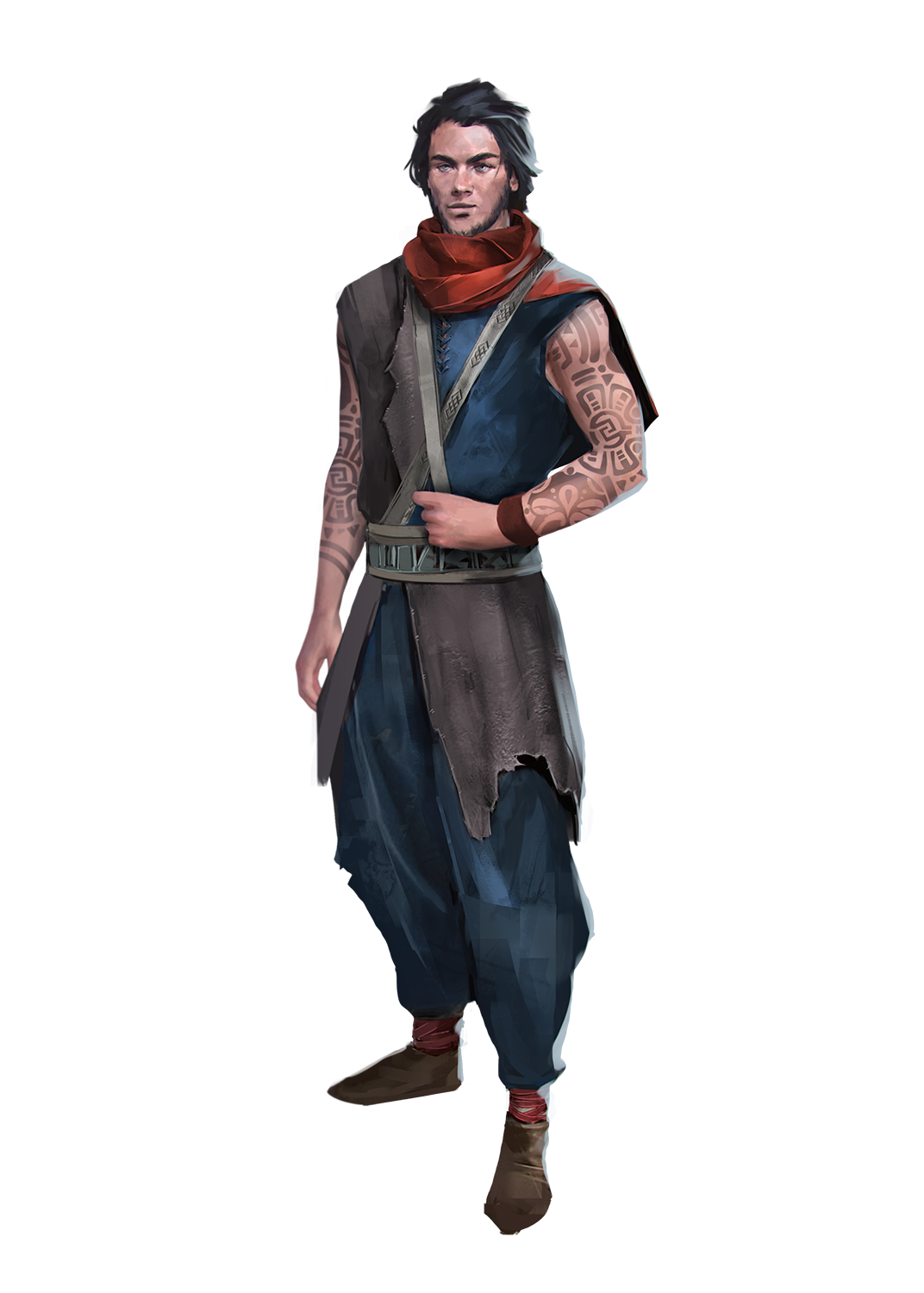 Arhan: a hark haired human, with arms tattoos down their arms