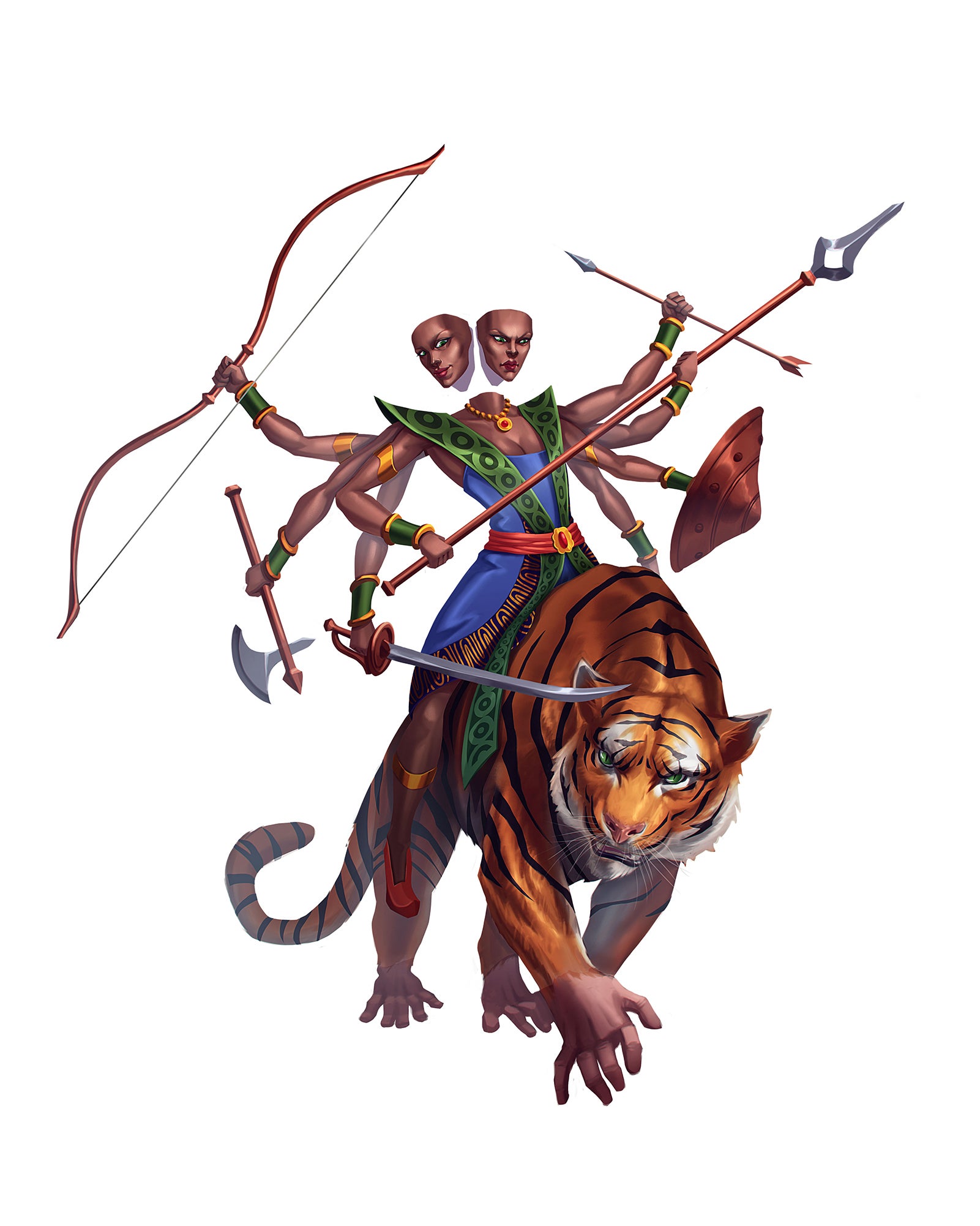 A bronze-skinned woman with eight arms and four faces sits atop a tiger with human hands instead of paws.