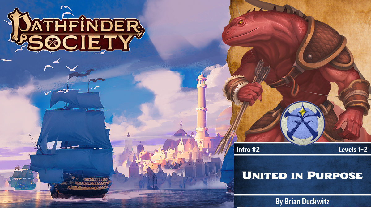 Pathfinder Society United in Purpose. Large ships sailing away from a city with a large tower in the background