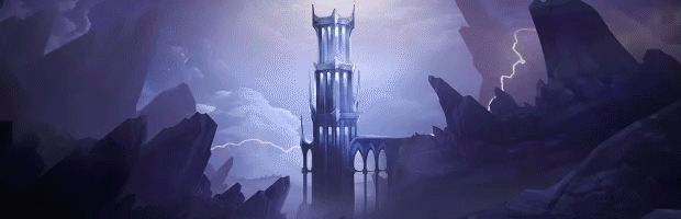 A gif showing Gallowspire with a thunderstorm around it that transitions to show the key art with a strike of lightning.