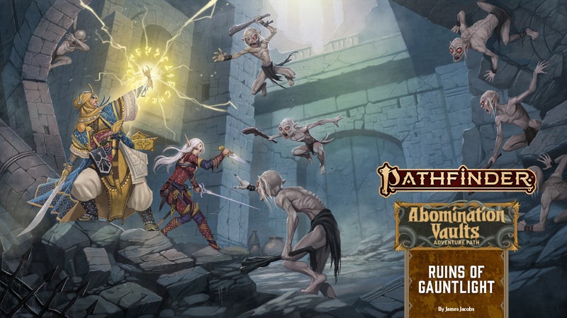 Pathfinder Iconics  kyra and merisiel battling their way out of a dungeon against a small hoard of Morlocks