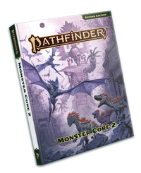 Pathfinder Second Edition Monster Core 2: The cover art features raptors and large bat-like monsters fleeing from an armored skeletal giant looming in the background.