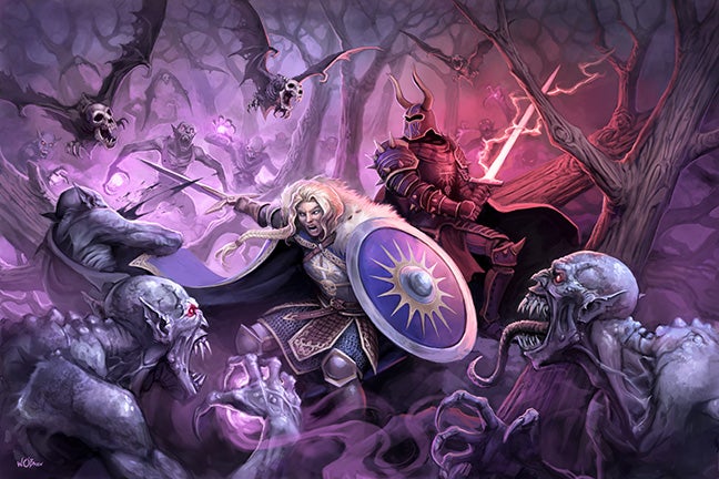 Two armored knights, one wearing a horned helmet and one without a helmet, battle a hoard of undead creatures in a dark forest