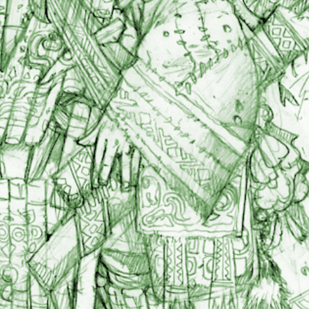 A green sketch closeup of an upcoming iconic's hand and sleeve