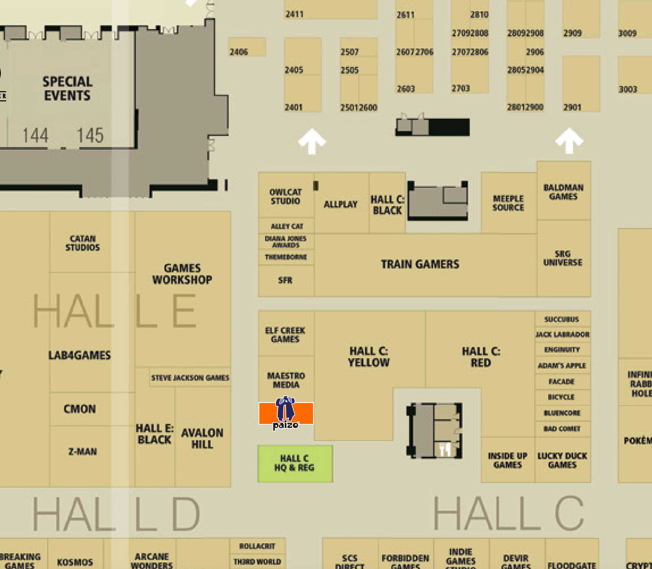 A map of the location of Paizo’s demo tables in Hall C at Gen Con 2023