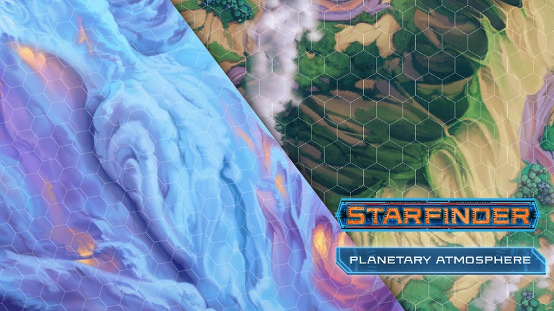 Starfinder Planetary Atmosphere featuring two flip maps of a cloudy atmosphere and a clear sky looking down on a mountain range