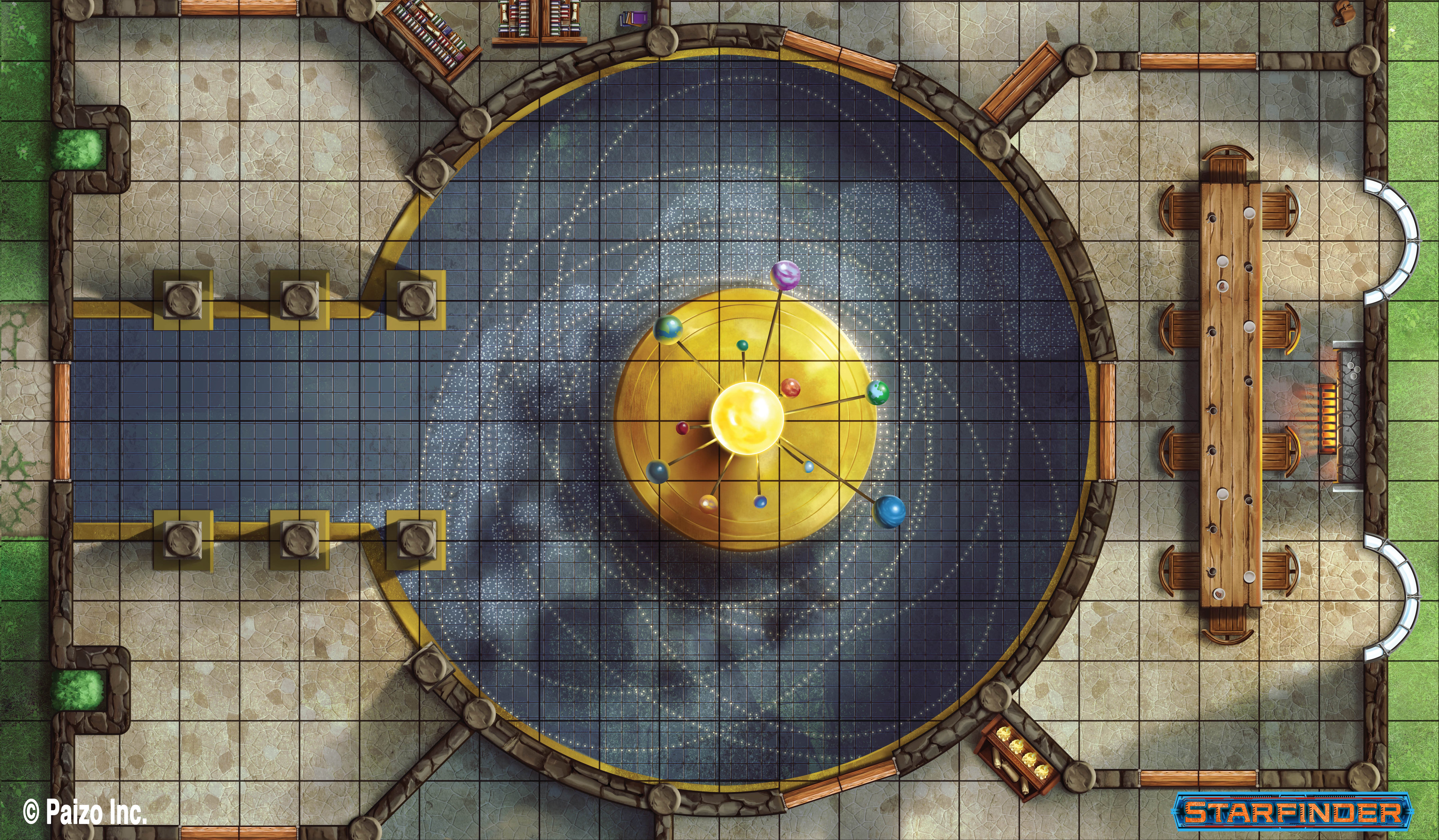 An unlabeled flip tile map of large room with an orrery in the center and a long table towards the back