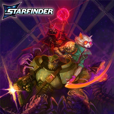 Starfinder Second Edition Playtest Art featuring the Second Edition iconics including the insect-like Chk Chk and feline, Dae