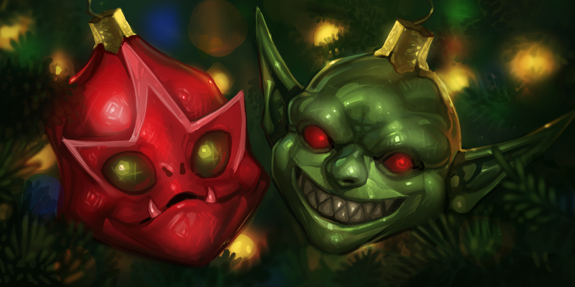Holiday ornaments shaped like a goblin head and a red skittermander head
