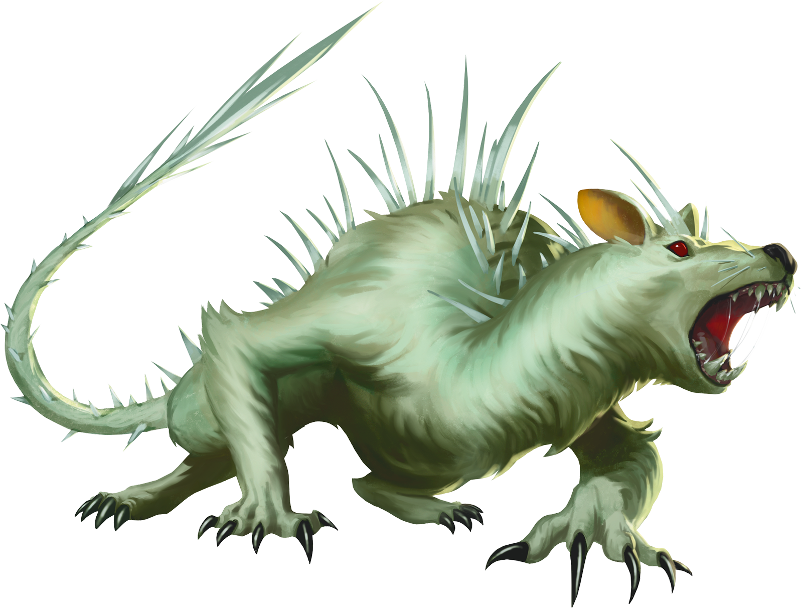 A green, weasel-like, predator with a spiked tail bares its teeth.