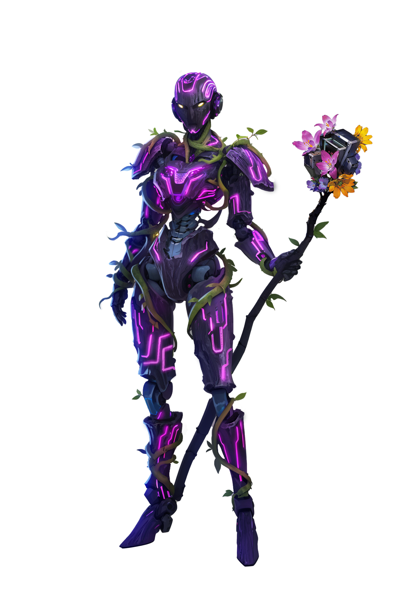 A humanoid android with purple lights and viney plants growing around them and on the staff they are holding