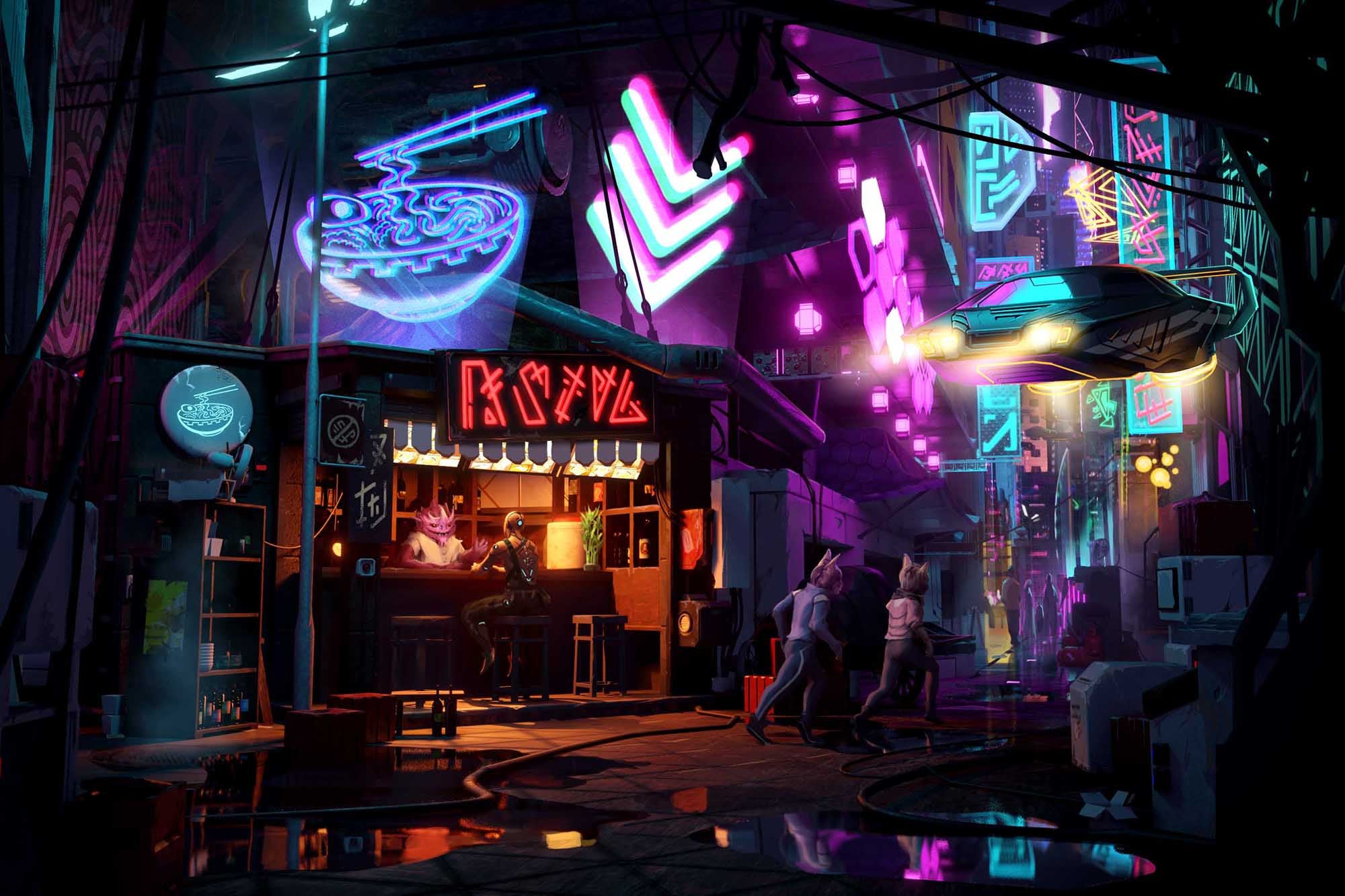 In a gritty, neon light-lit urban setting, a skittermander serves a bowl of noodles to a customer in an unassuming hole-in-the-wall diner.