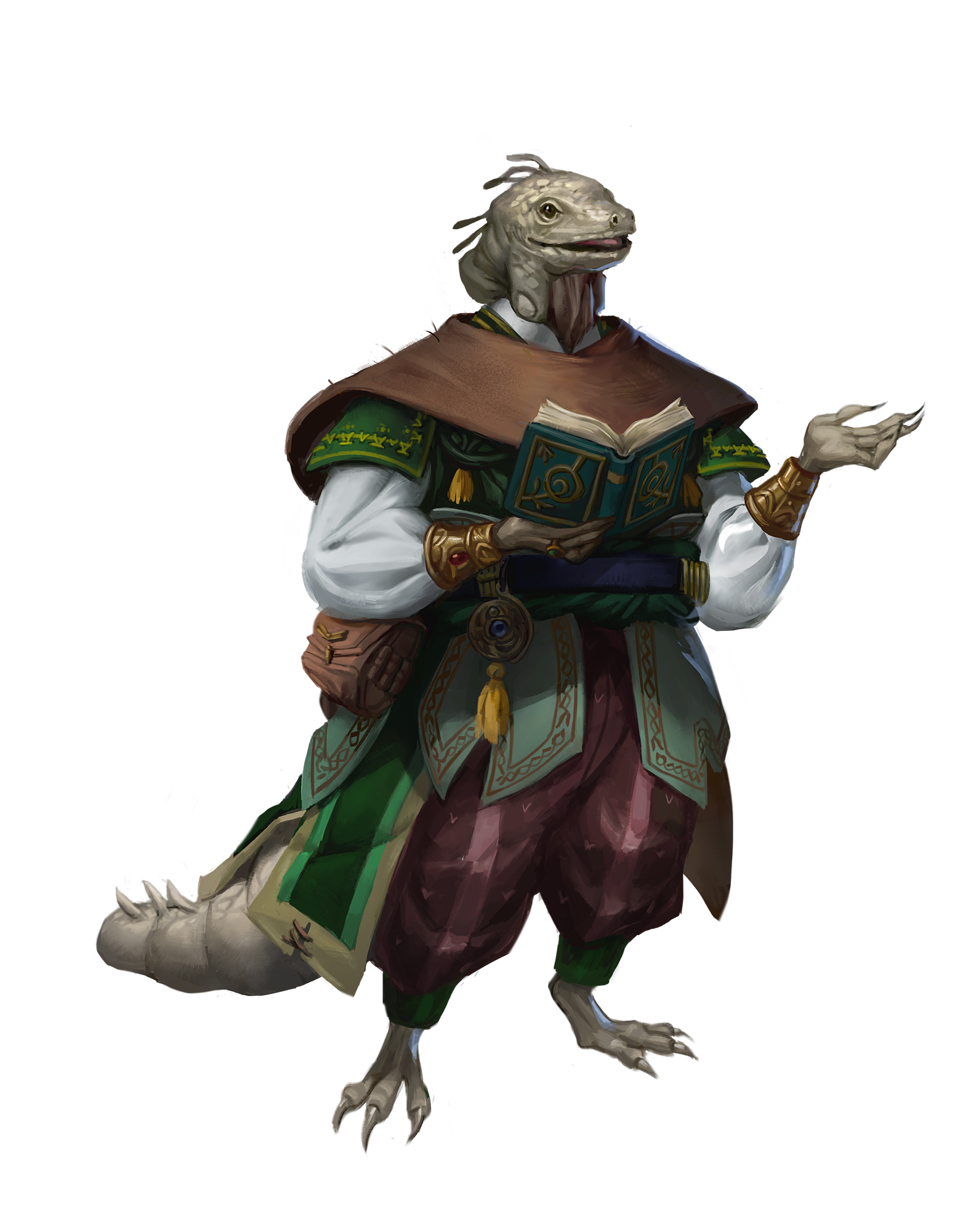  A humanoid with lizard-like featured dressed in natural colored layered clothing, holding a book open
