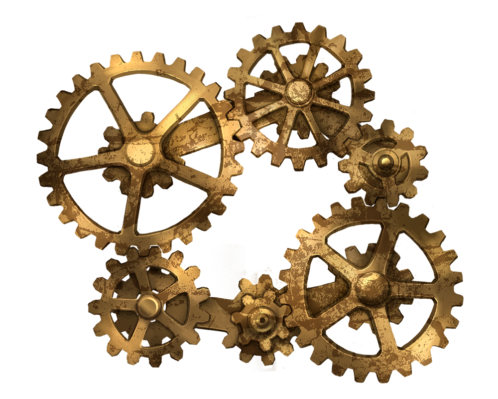 Illustration by Gislaine Avila: A circle of interlocking, brass colored, gears
