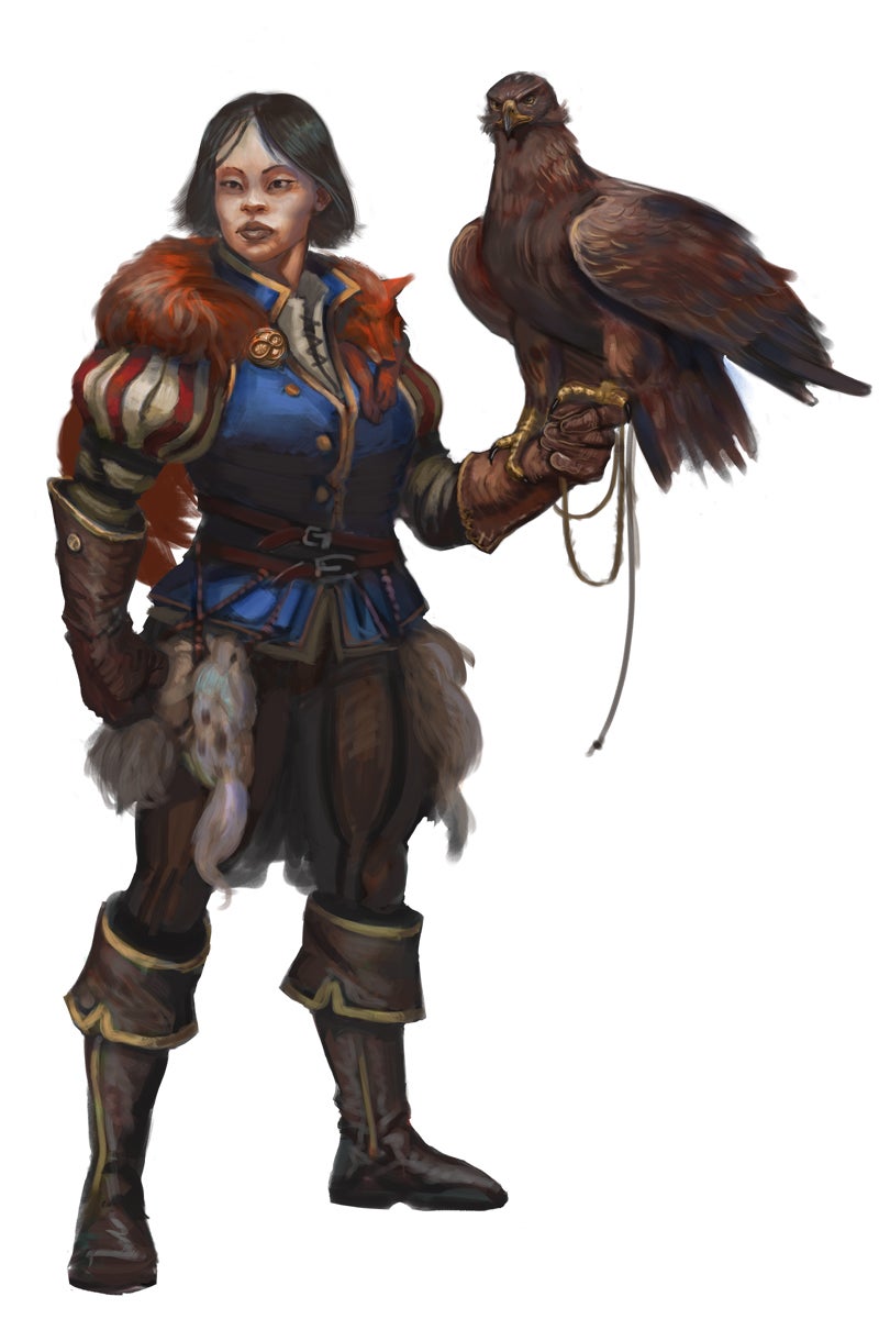 A falconer wearing a full lined blue vest with a large falcon on their gloved arms
