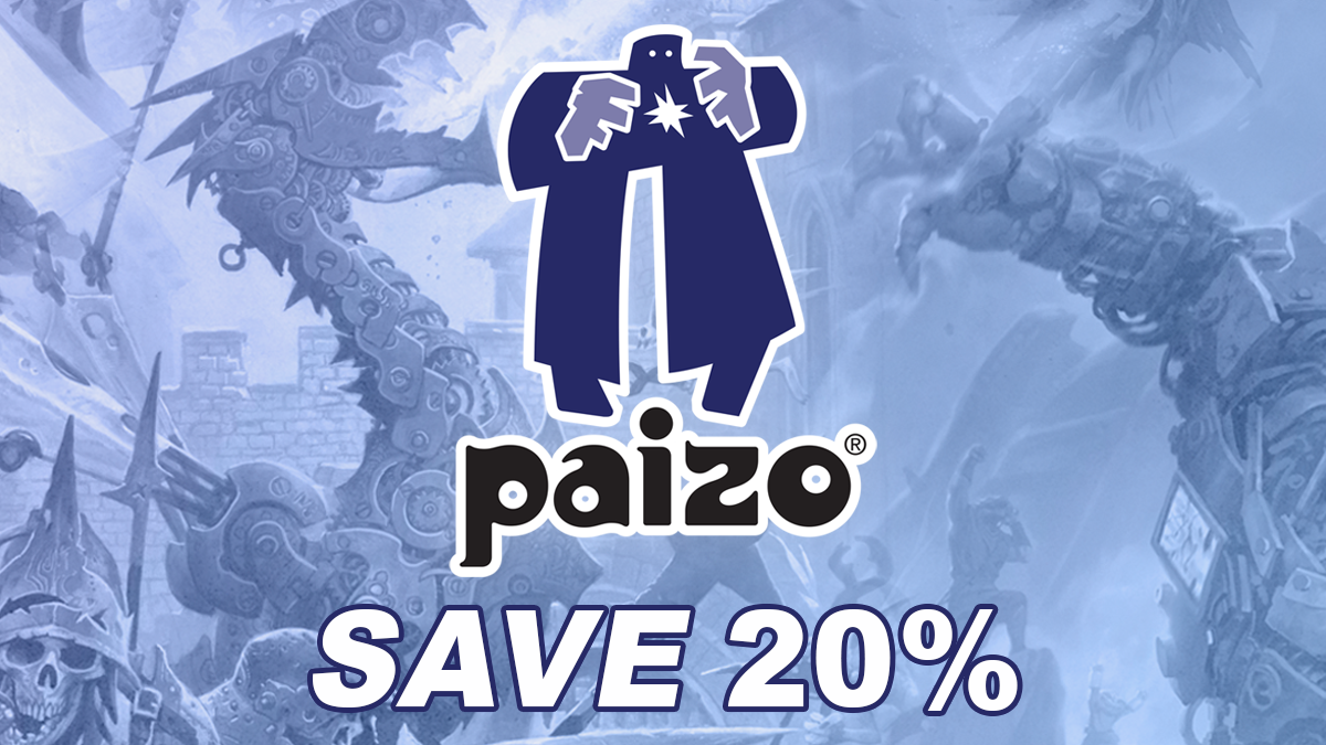 Paizo save 20 percent banner featuring the paizo golem logo
