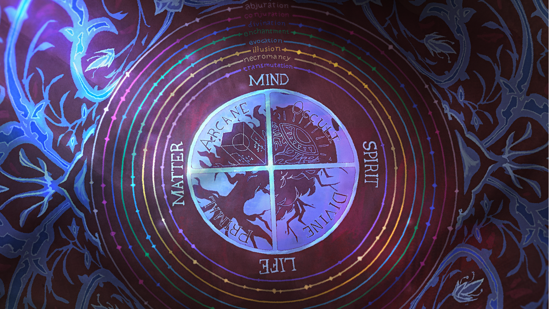Pathfinder Secrets of Magic: wheel of magic with the points pointing towards the words 'mind' 'spirit' 'life' and 'matter'