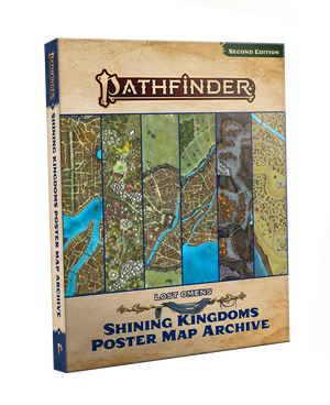 Pathfinder Second Edition Lost Omens: Shining Kingdoms Poster Map Archive box mockup. The front of the box features six different map examples including city-scapes, grassy planes, and underground caverns.