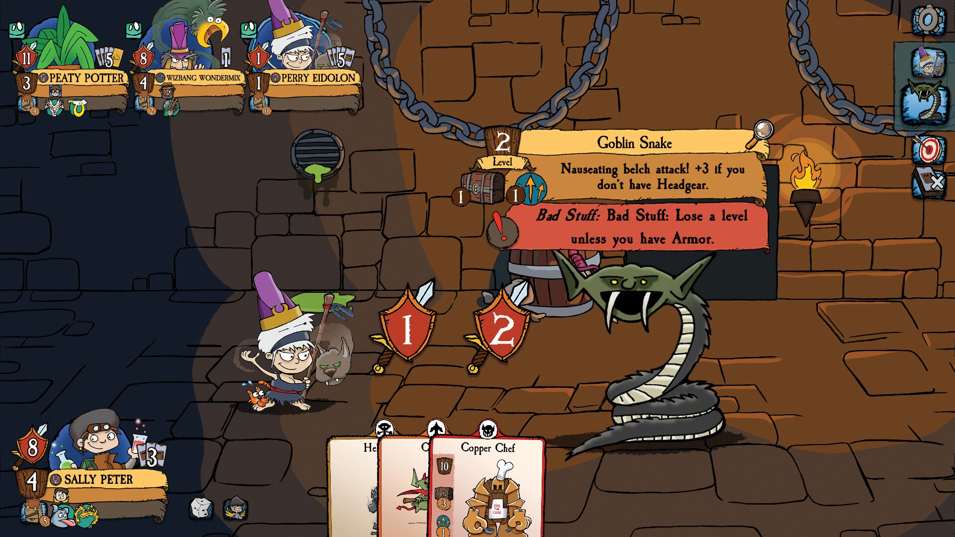 A gameplay screenshot of Munchkin Digital: Pathfinder. An adventurer is making their way through a dungeon, and facing off against a snake with a goblin for a head. At the bottom of the screen is the UI of the different cards in the players hand.