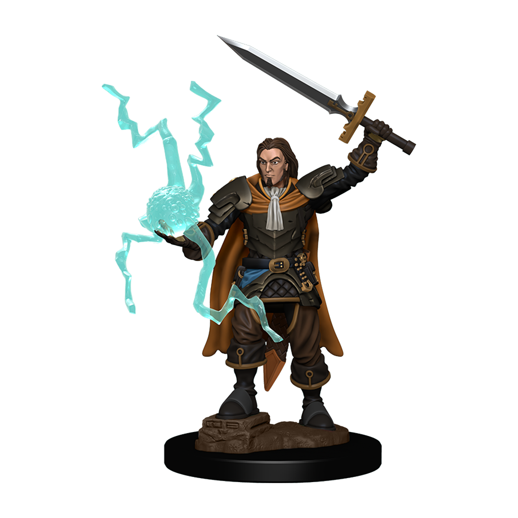 Human cleric male mini figure with his sword raised in one hand and summoning a ball of blue magic in the other