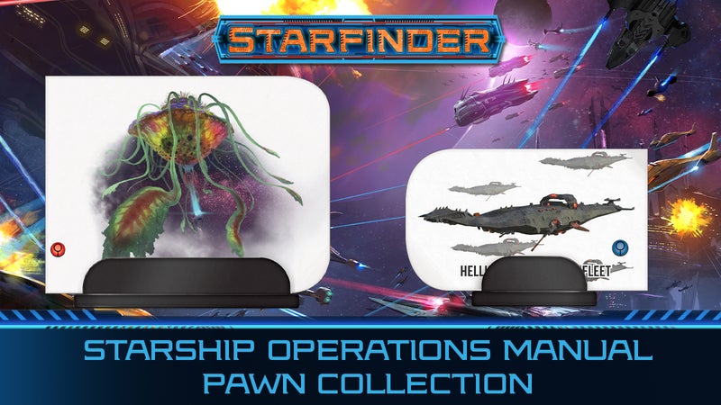 Starship Operations Manual Pawn Collection. Spaceship pawn and box cover overlay over an illustration of a multi-ship deep space battle