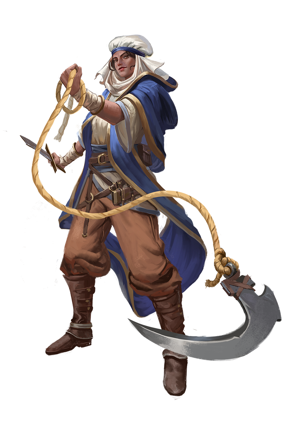 Usij Cultist. A woman in a blue cloak and white head covering wields a sword in one hand as the other grips onto a rope with a curved blade at the other end
