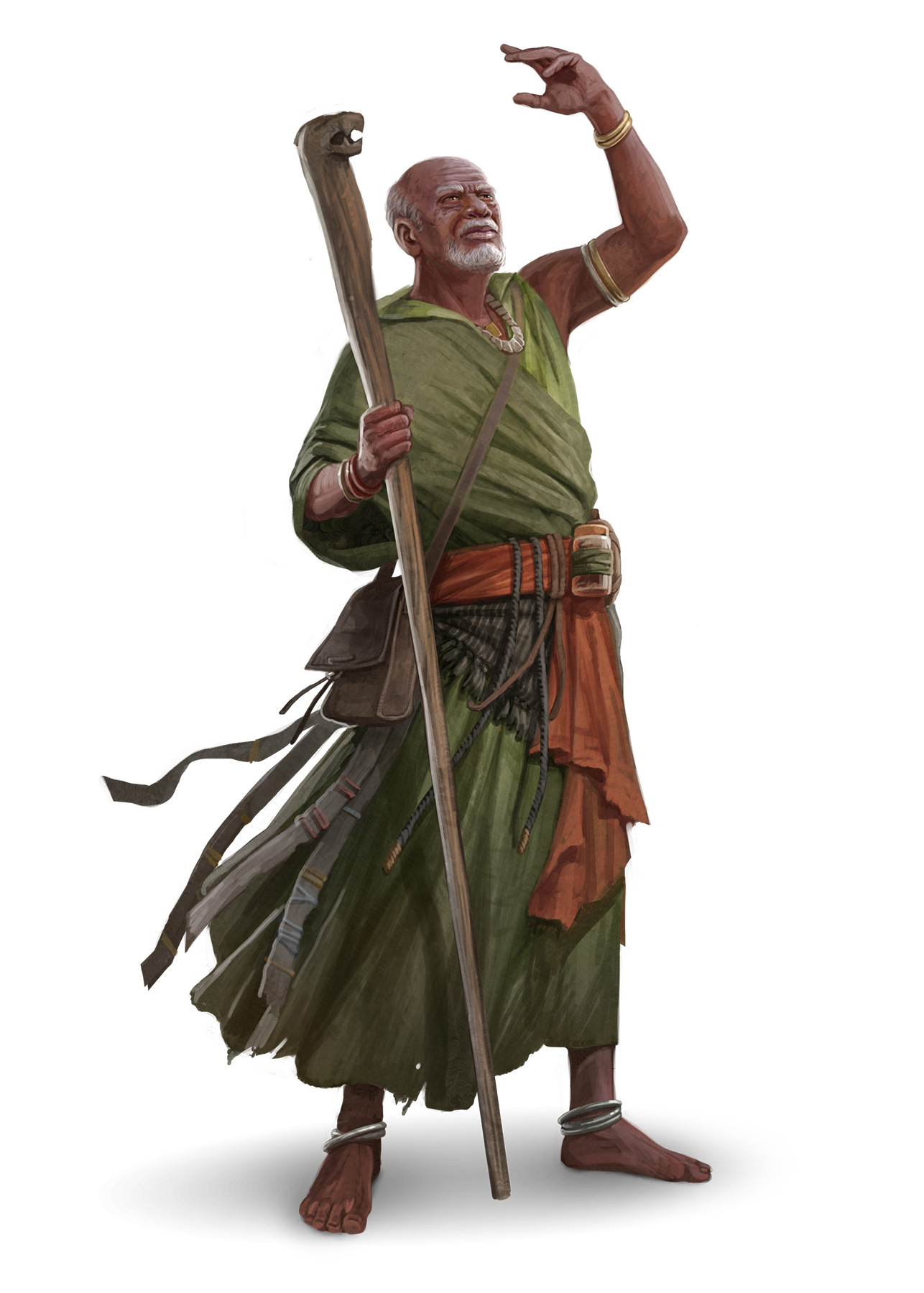 Old Man Jatembe, a dark skinned older man, dressed in green robes, holding a tall staff