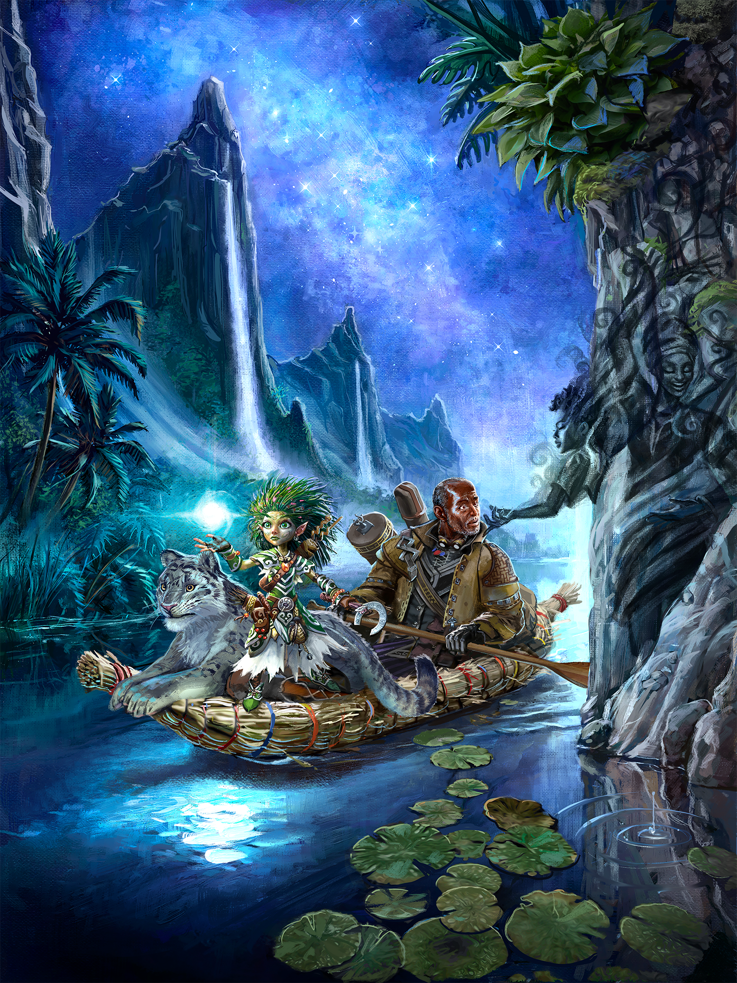 Pathfinder Iconic Druid , Linni, her familiar, and iconic investigator, Quinn float down a river in a woven canoe, surrounded by greenery