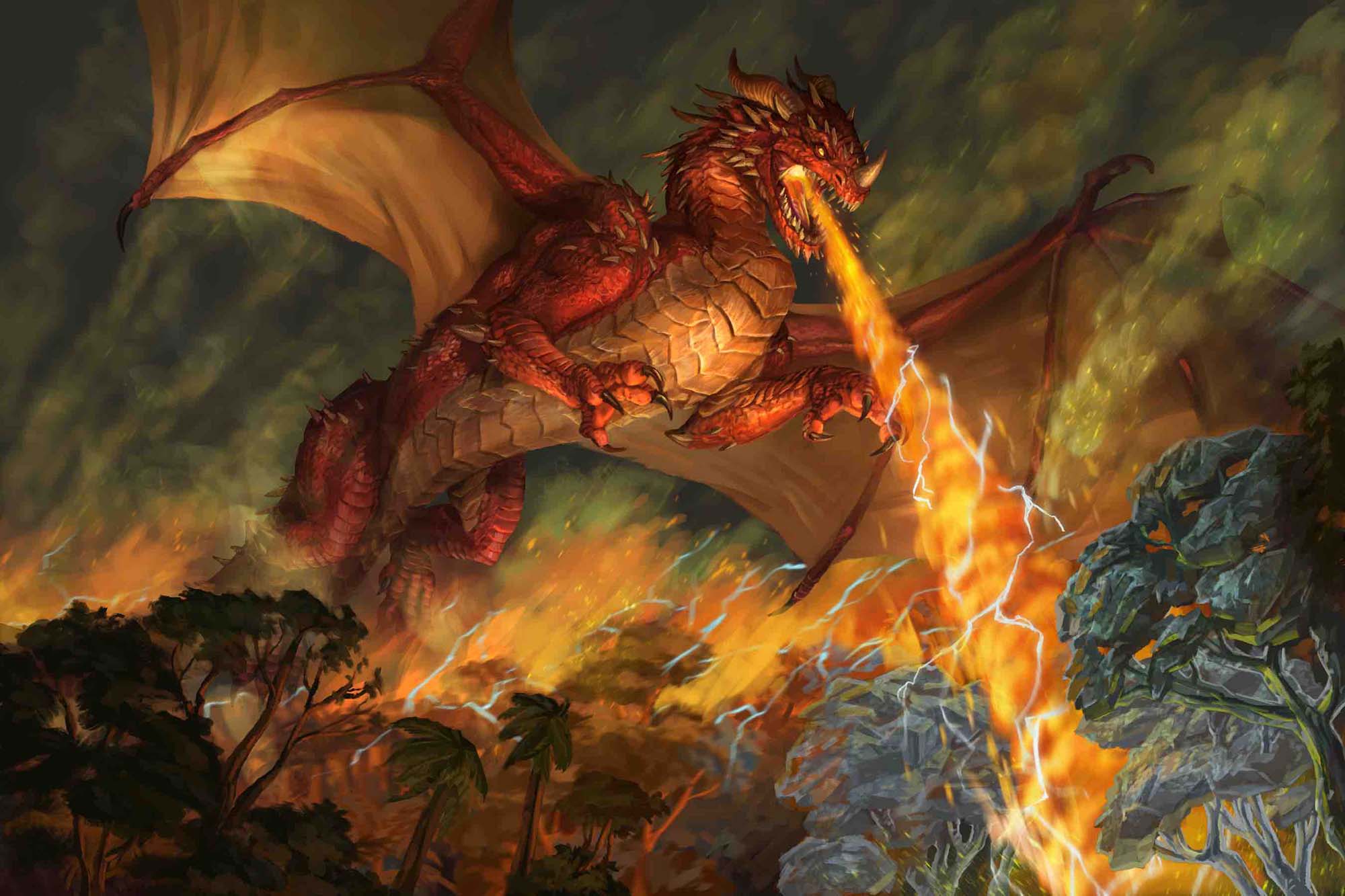 A huge red dragon, covered in scaled spikes, flies over a burning jungle, strafing the trees with a torrent of flame.