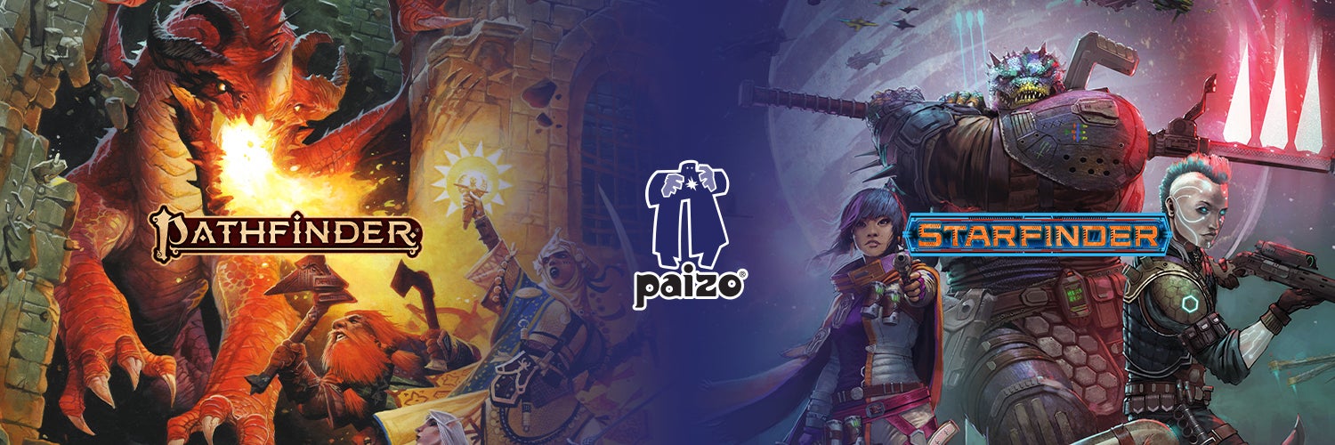 Paizo, Pathfinder, and Starfinder Logos over-layed over images of the different iconics