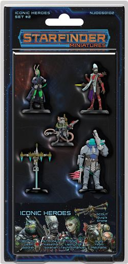 Starfinder Miniatures Iconic Heroes featuring Raia, Atronus, Quig, and Obozaya, as well as a scout drone