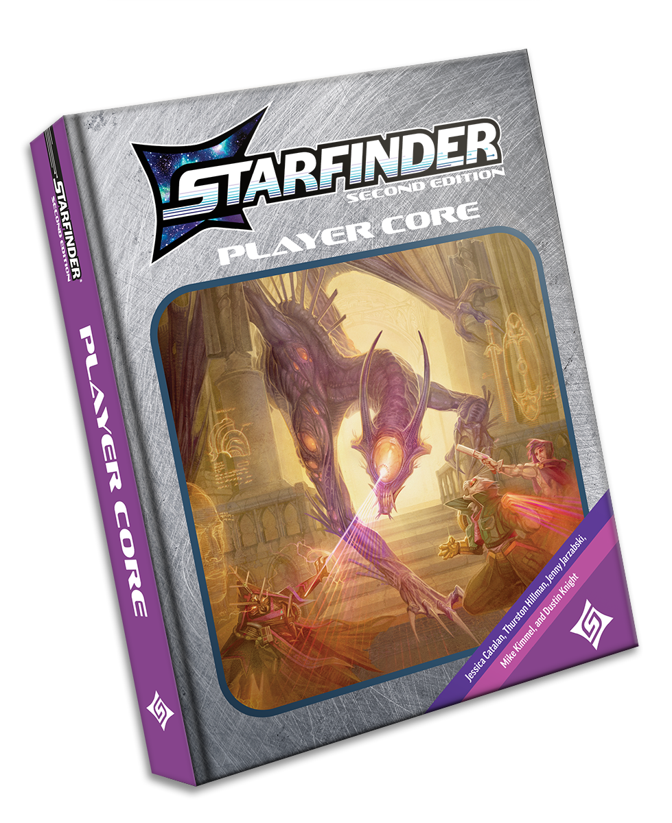 Starfinder Second Edition Player Core: The cover is styled like a vintage game cartridge with a silver border, purple accent in the bottom right corner, and framed in the center is an illustration of Starfinder iconics, Navasi, Dae, and ChkChk fave against a large purple skinned dragon alien with a single large yellow eye in the center of its face and a number of smaller yellow eyes running down its arms. The dragon is focusing it's laser-like glare down onto Chkchk