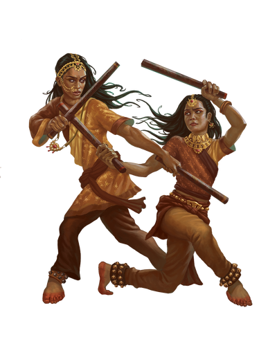 the lovers-turned-rivals Mugura and Nrithu (art by Carl Springer)