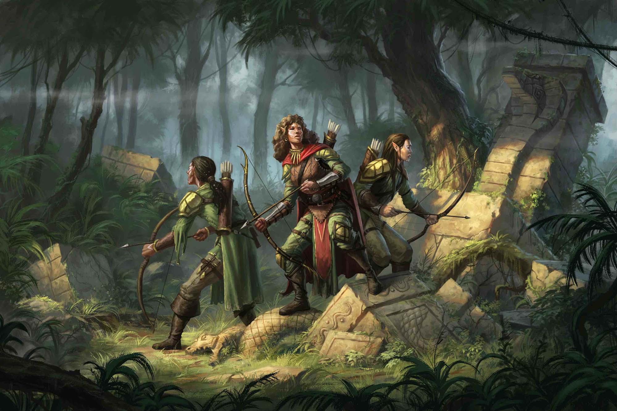 Three elves, in green and brown leather armor, stand back to back in overgrown ruins deep in a forest