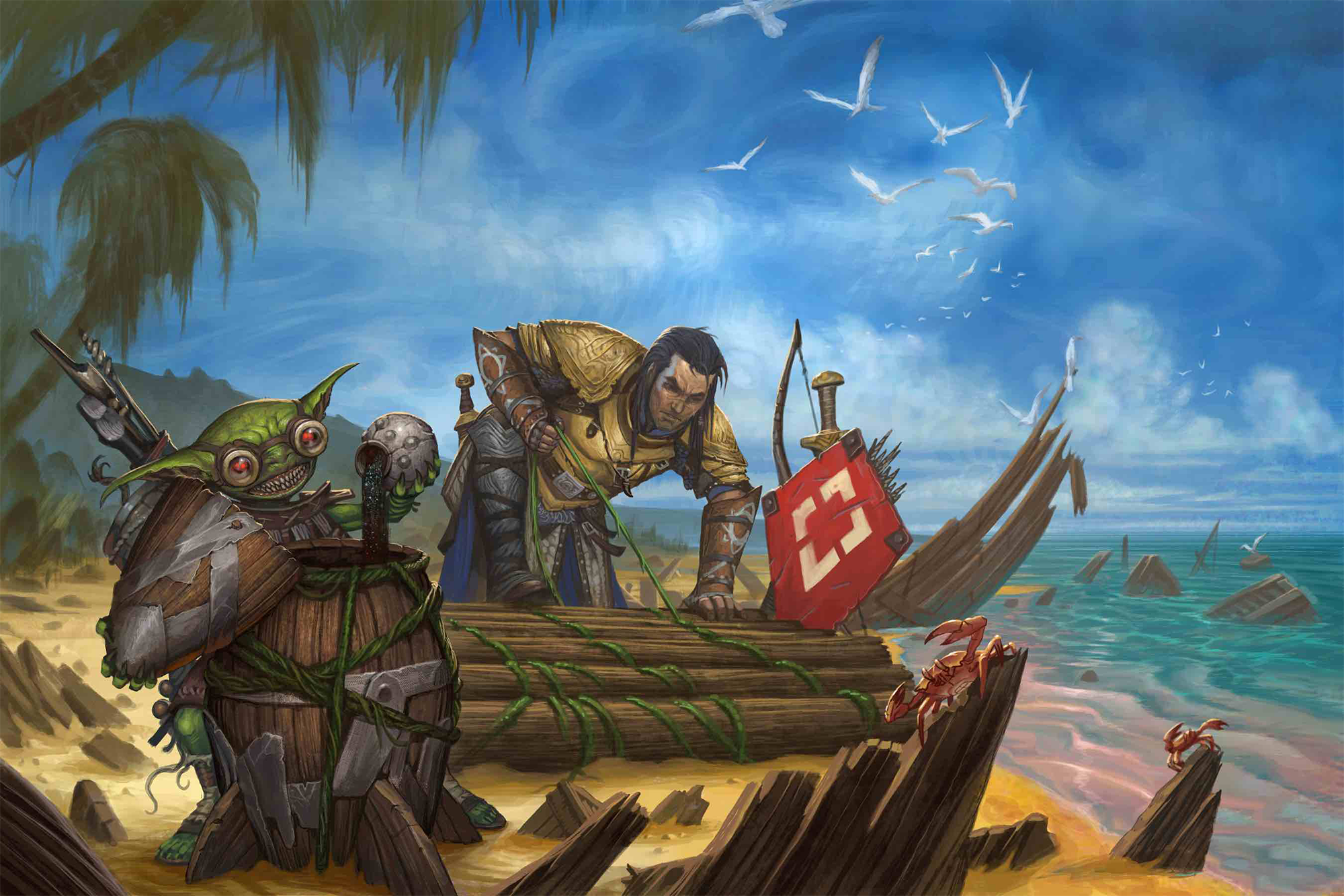 The iconic fighter and the iconic alchemist are on a tropical beach surrounded by the wreckage of a sailing ship. The fighter is building a raft out of logs and vines, while the alchemist is pouring something into an upturned barrel.