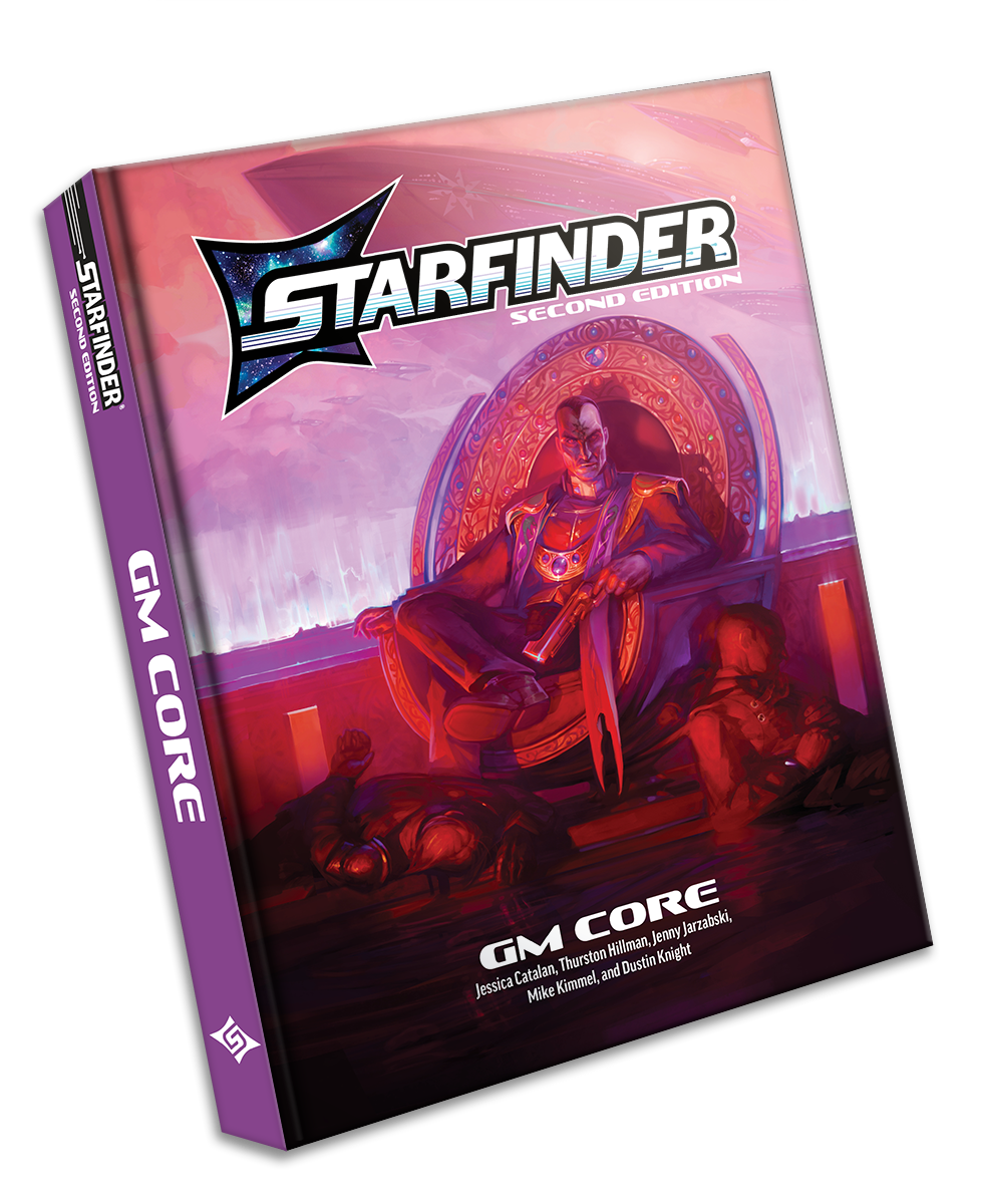 Starfinder Second Edition GM Core. The cover art features a blue skinned humanoid alien lounging menacingly in a throne with people laying unconscious at his feet 