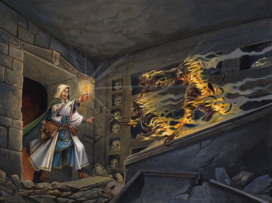 Tristian, dressed in white and blue robes, channels Sarenrae’s light to destroy a crypt of undead.