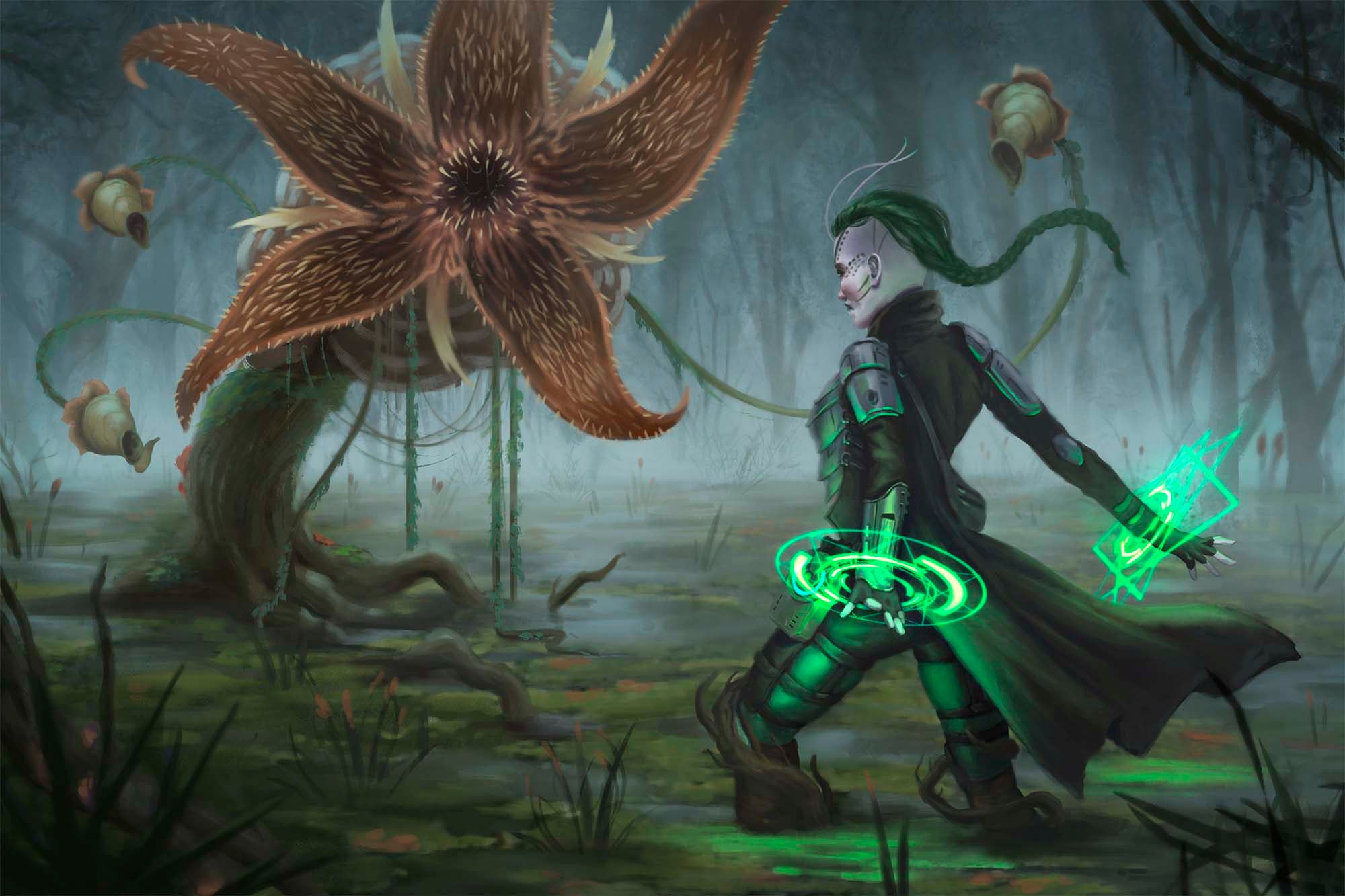 Starfinder iconic Raia faces off against a large, carnivorous swamp plant