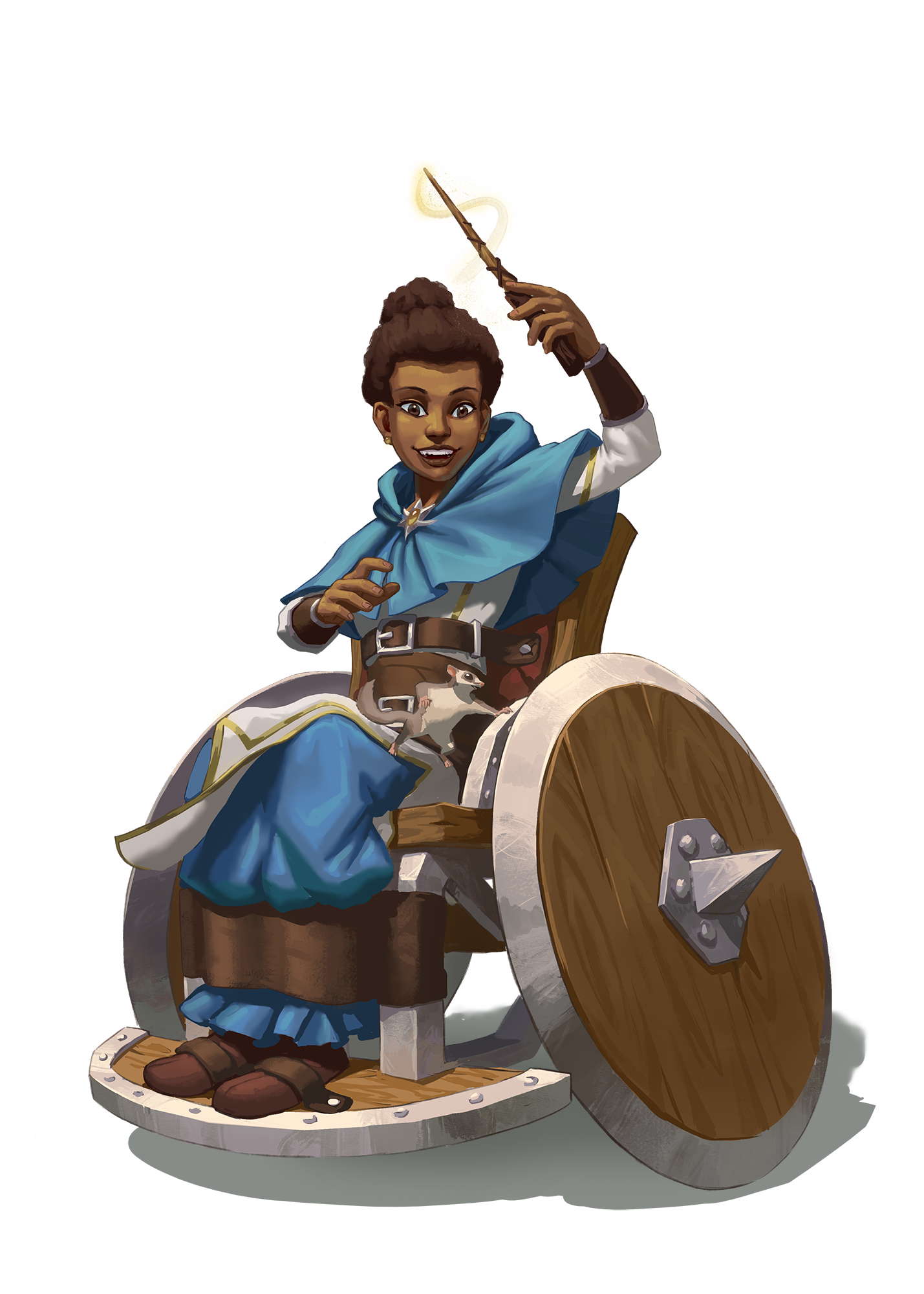Wheelchair Adventurer, Illustration by Lucas Villalva Machado: an adventurer, wearing blue and white robes with their hair pulled back, sitting in a wooden wheelchair and brandishing a wand