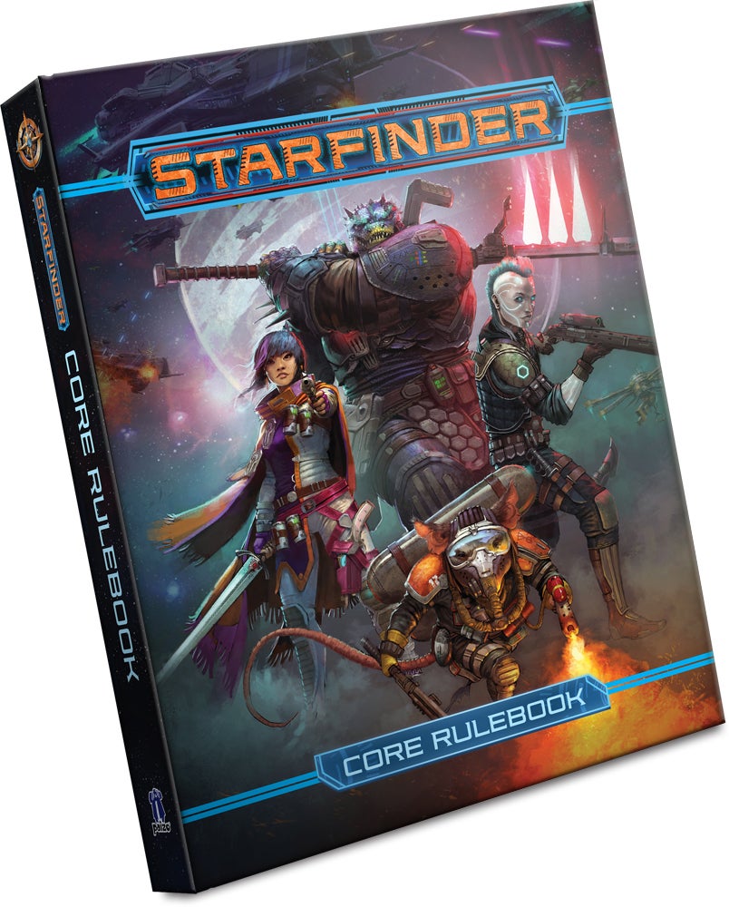 Starfinder Cole Rulebook featuring art of the human, yoski, android, and vesk iconics