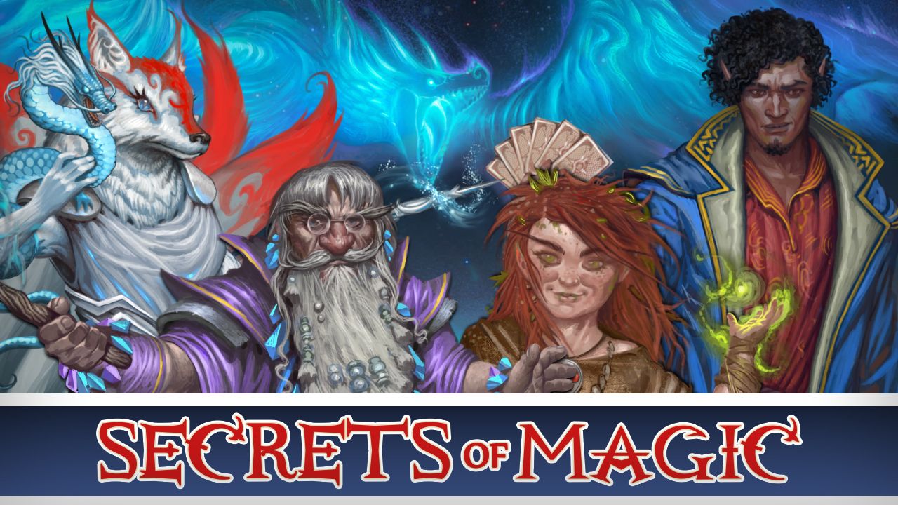 Pathfinder Secrets of Magic livestream promo featuring the player characters. Left to right, Hachi the kitsume, Ingot the dwarf, Fairel the halfling, and Dond Oom the half elf